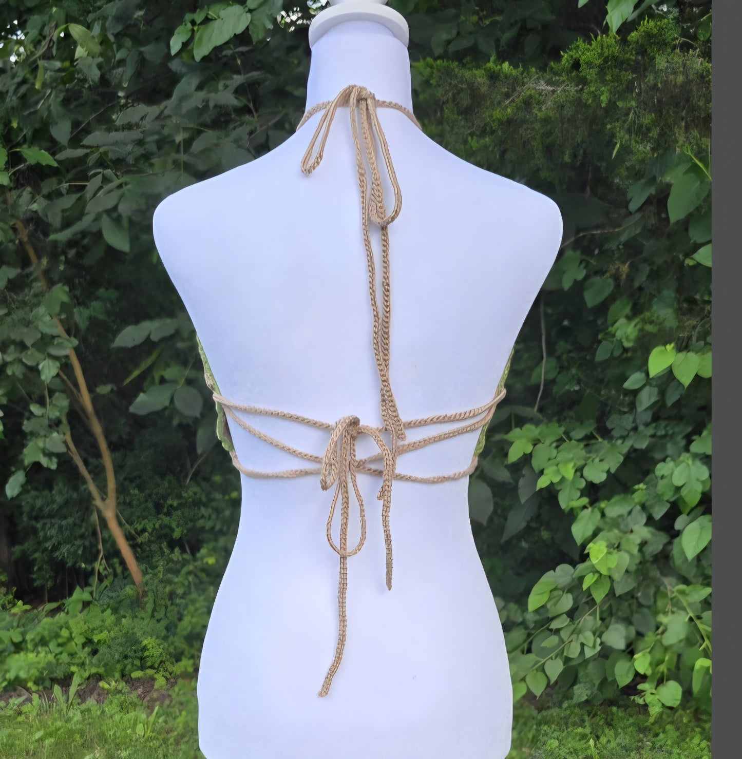 Crochet Cannabis Leaf Halter Top – Handmade Tan & Green Boho Festival Top