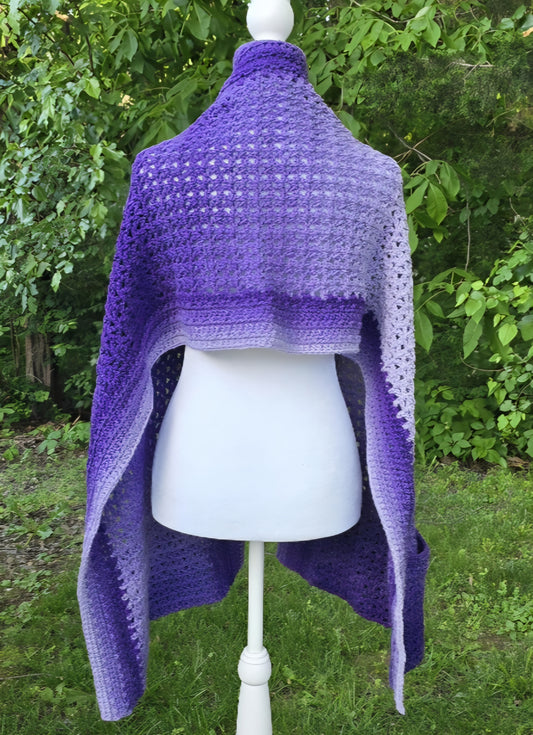 Crochet Pocket Shawl: Purple Ombre Boho Wrap with Coconut Buttons