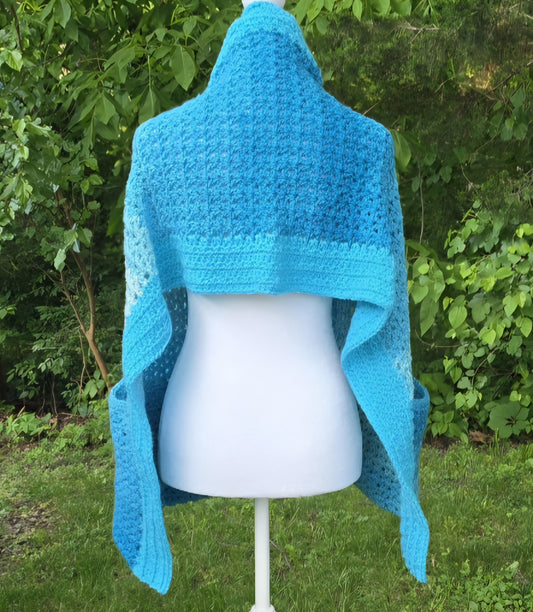 Crochet Pocket Shawl: Ocean Breeze Blue Gradient, Boho Wrap