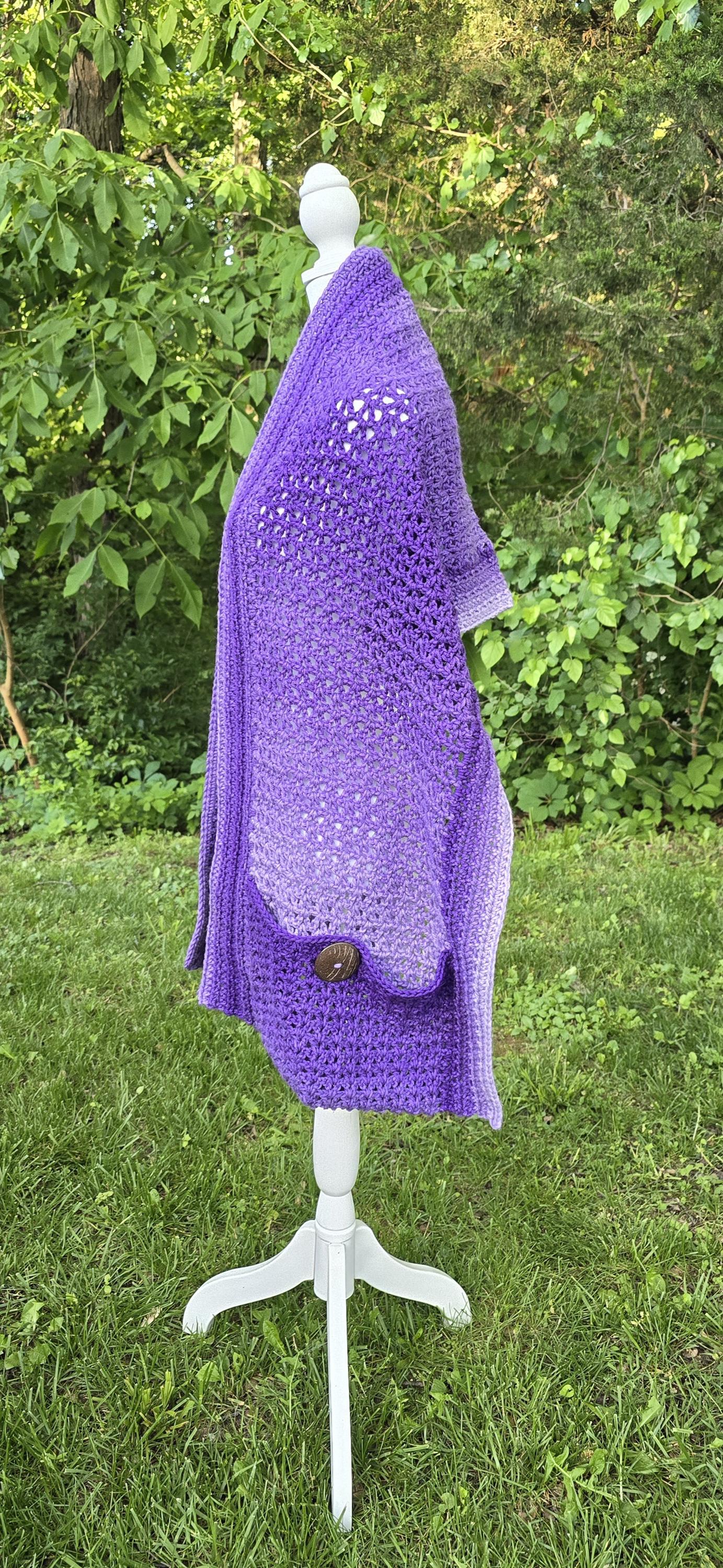 Crochet Pocket Shawl: Purple Ombre Boho Wrap with Coconut Buttons