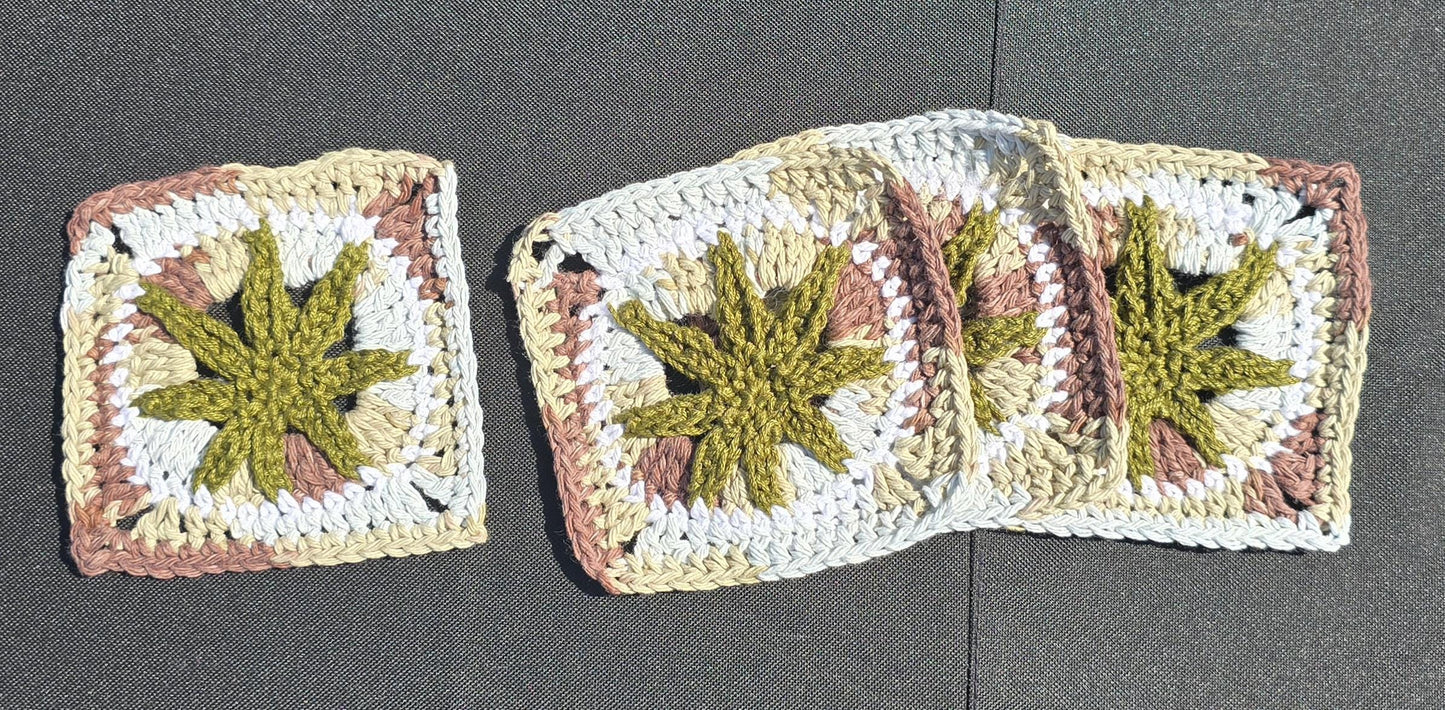 Cannabis Leaf Crochet Coaster Set (4) | Handmade Weed Coasters | Stoner Home Decor | 420 Gift | Boho Drink Coasters
