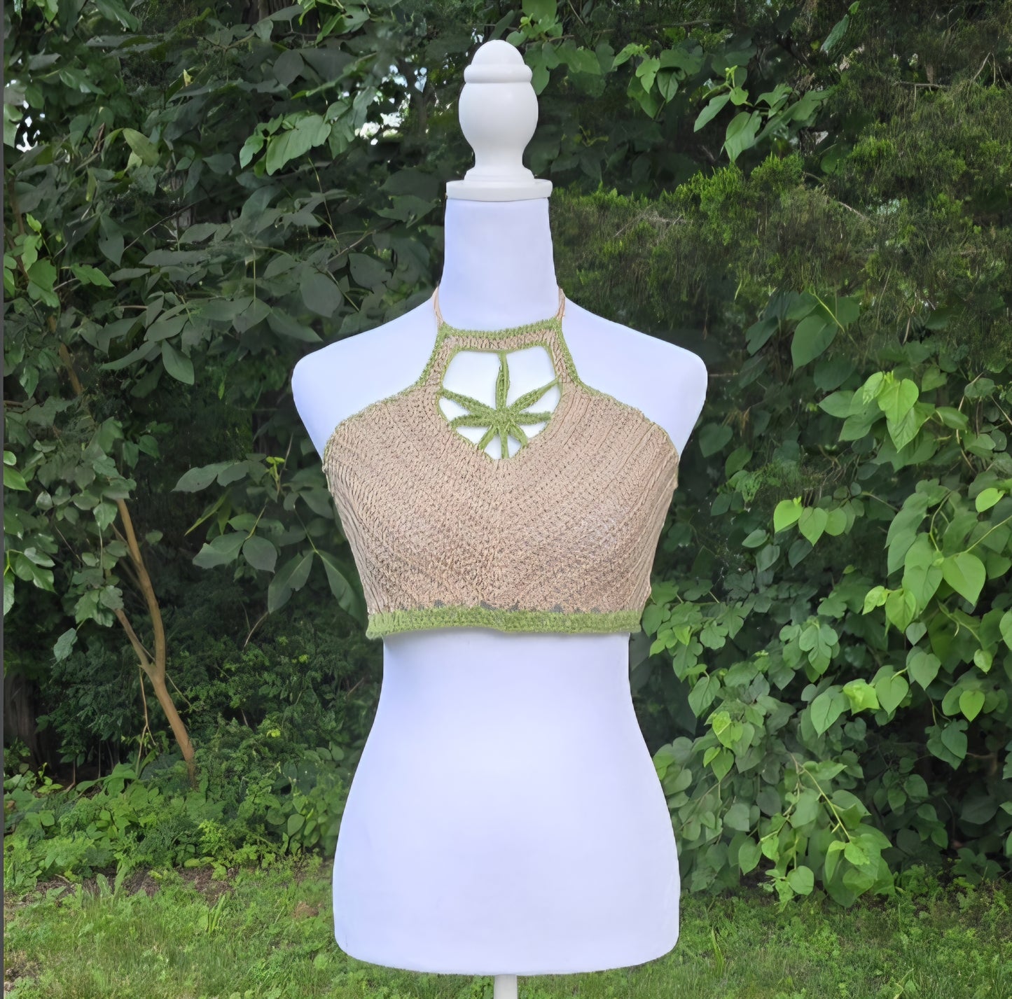 Crochet Cannabis Leaf Halter Top – Handmade Tan & Green Boho Festival Top
