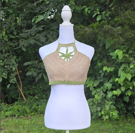 Crochet Cannabis Leaf Halter Top – Handmade Tan & Green Boho Festival Top