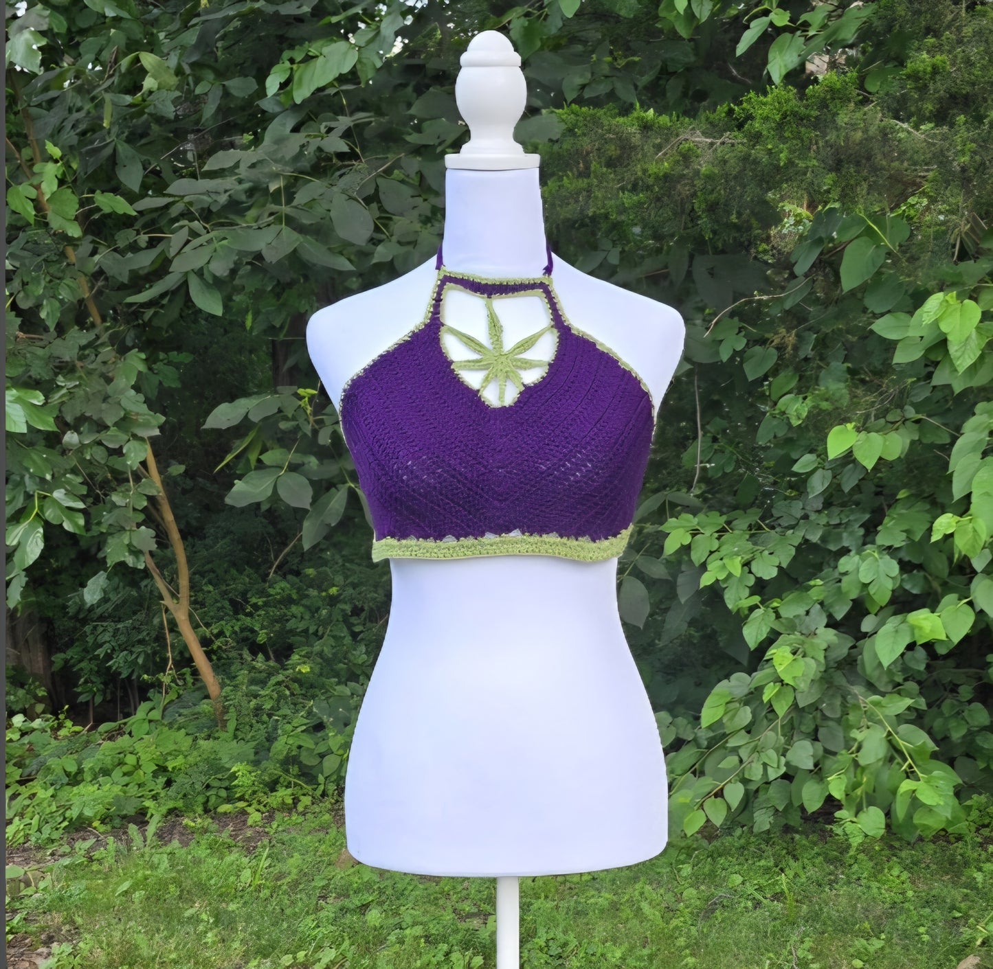 Crochet Cannabis Leaf Halter Top – Handmade Purple & Green Festival Clothing