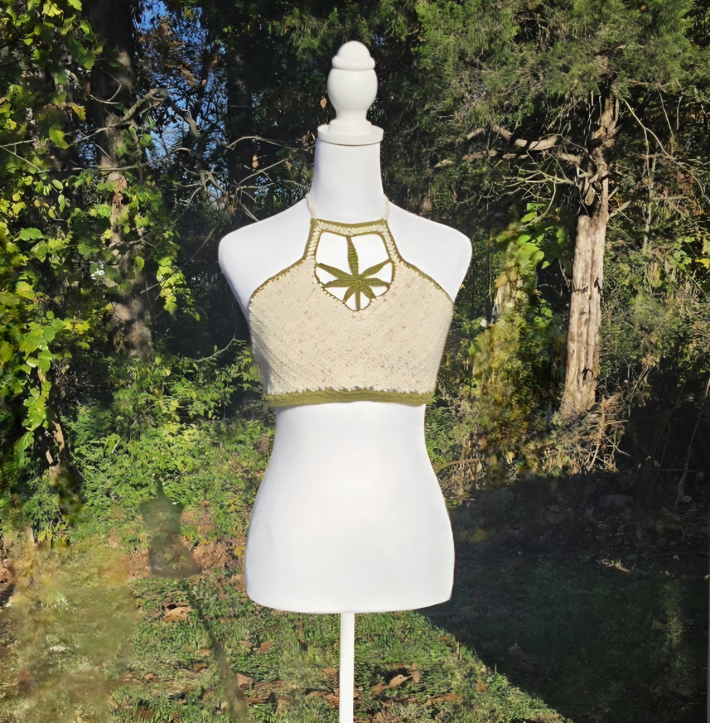 Baked in Beige Crochet Halter Top  Handmade Cannabis Leaf Crop Top Neutral Boho Festival Top  Hippie Stoner Babe Style