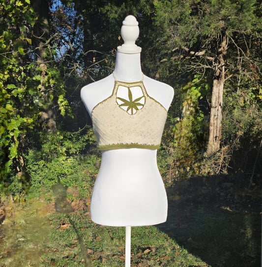 Baked in Beige Crochet Halter Top  Handmade Cannabis Leaf Crop Top Neutral Boho Festival Top  Hippie Stoner Babe Style