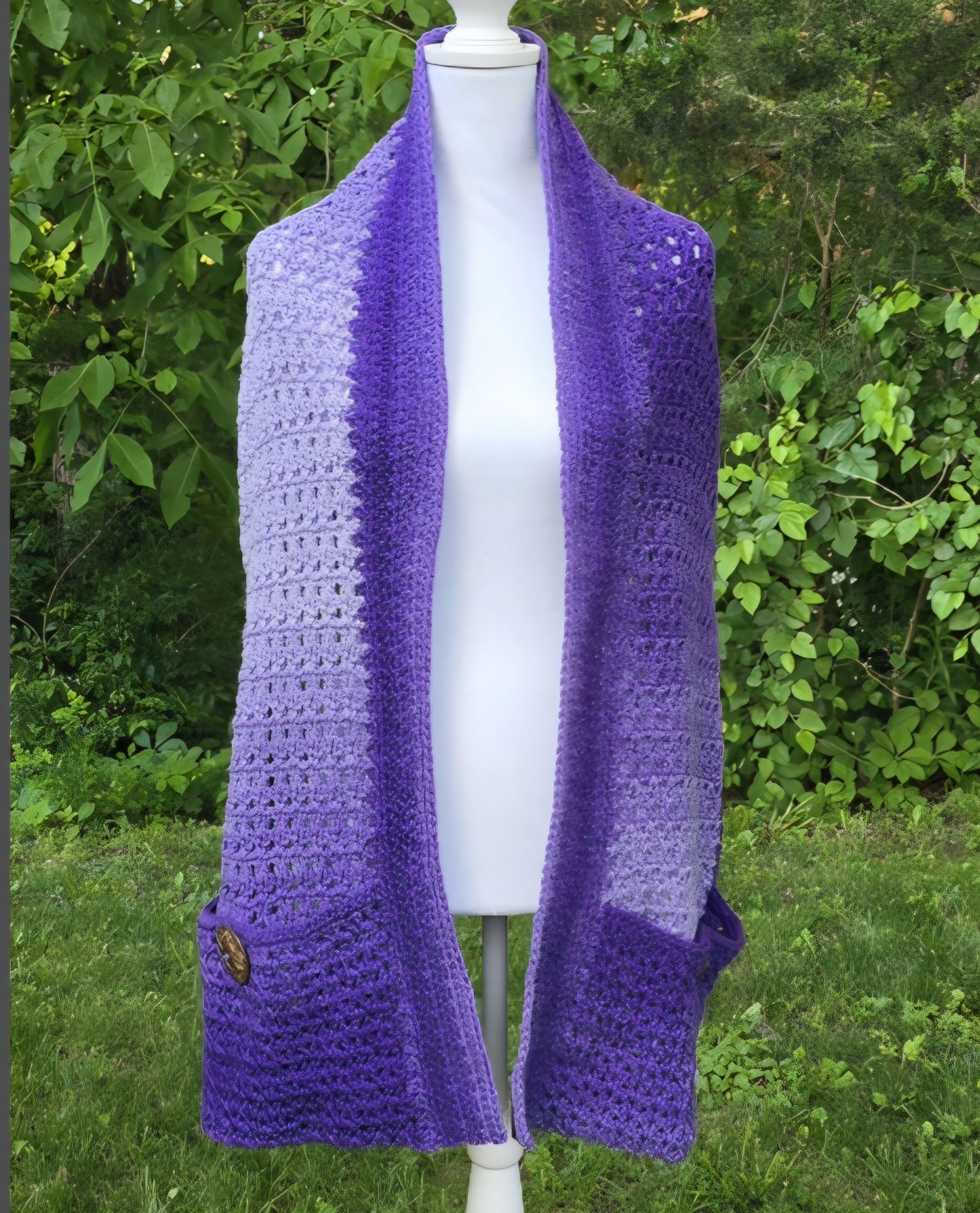 Crochet Pocket Shawl: Purple Ombre Boho Wrap with Coconut Buttons