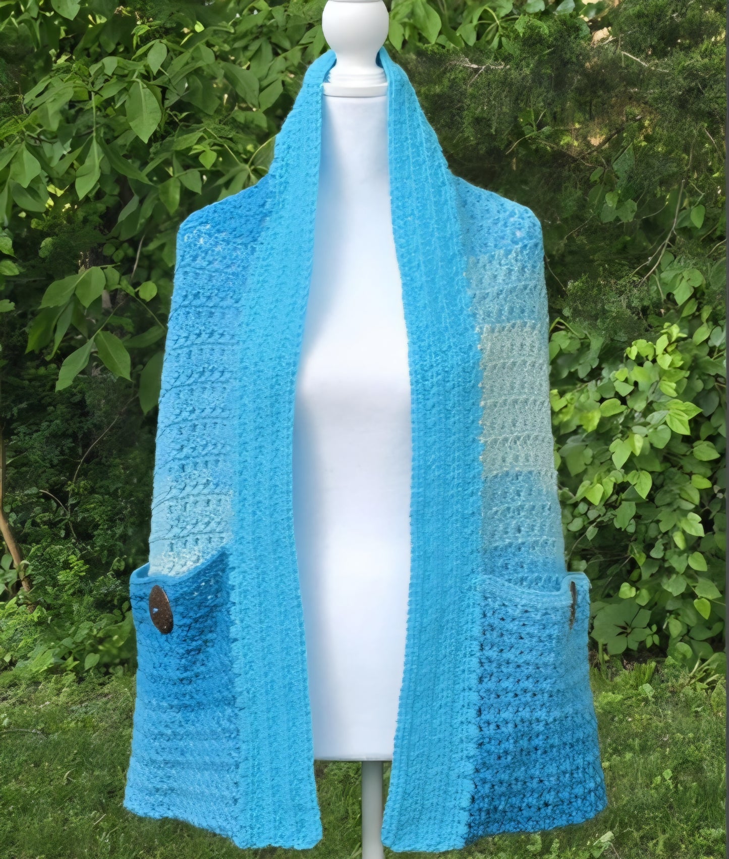 Crochet Pocket Shawl: Ocean Breeze Blue Gradient, Boho Wrap