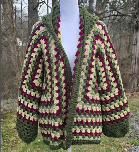Crochet Hooded Cardigan | Forest Green Granny Stitch Sweater | Oversized Boho Hoodie | Cottagecore Handmade Cardigan