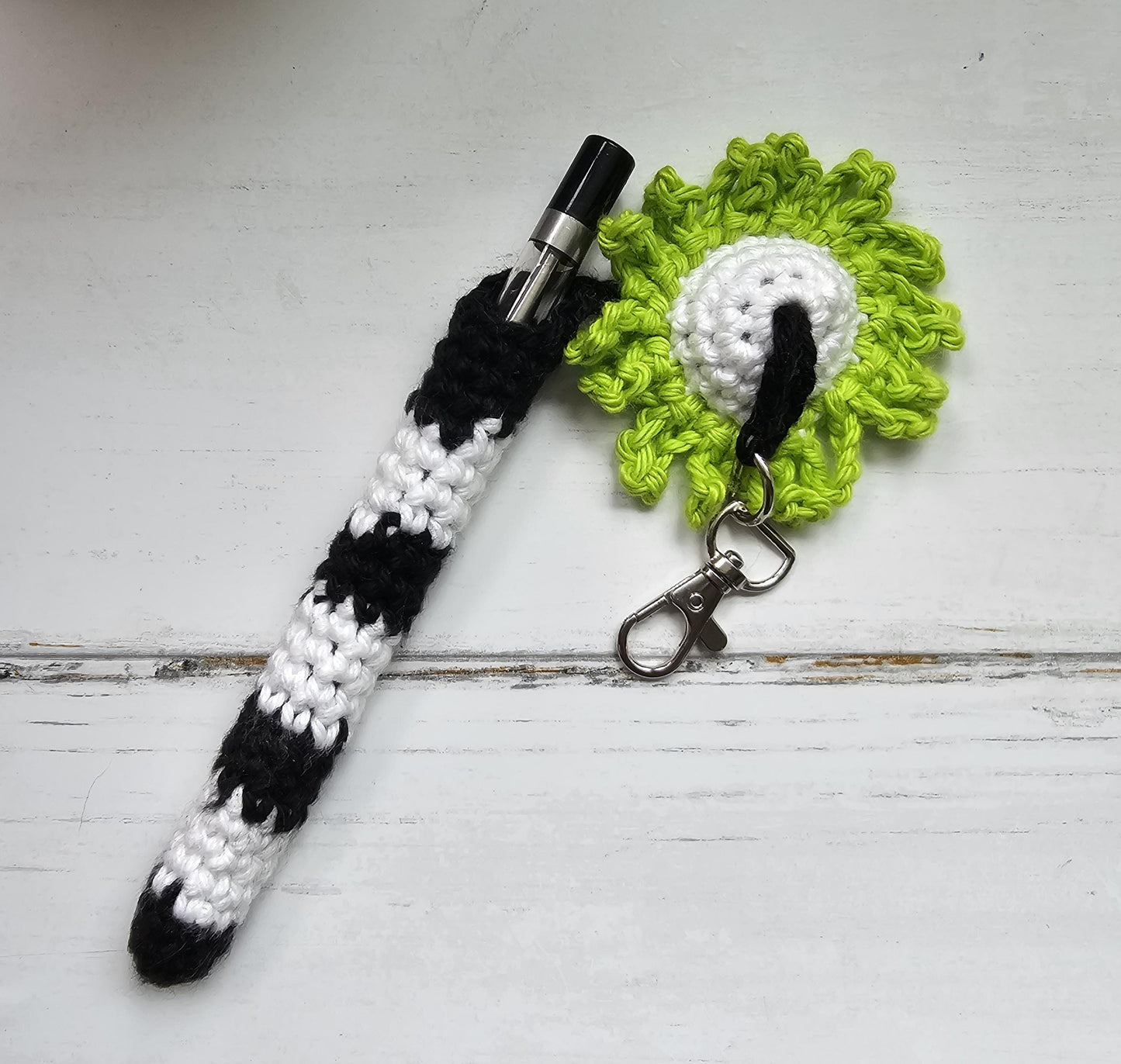 Penjamin / Pennifer Crocheted Halloween Beetlejuice  Flower Vape Cart Holder!  Discreet! Customizable!  Mary Jane Cannabis 420