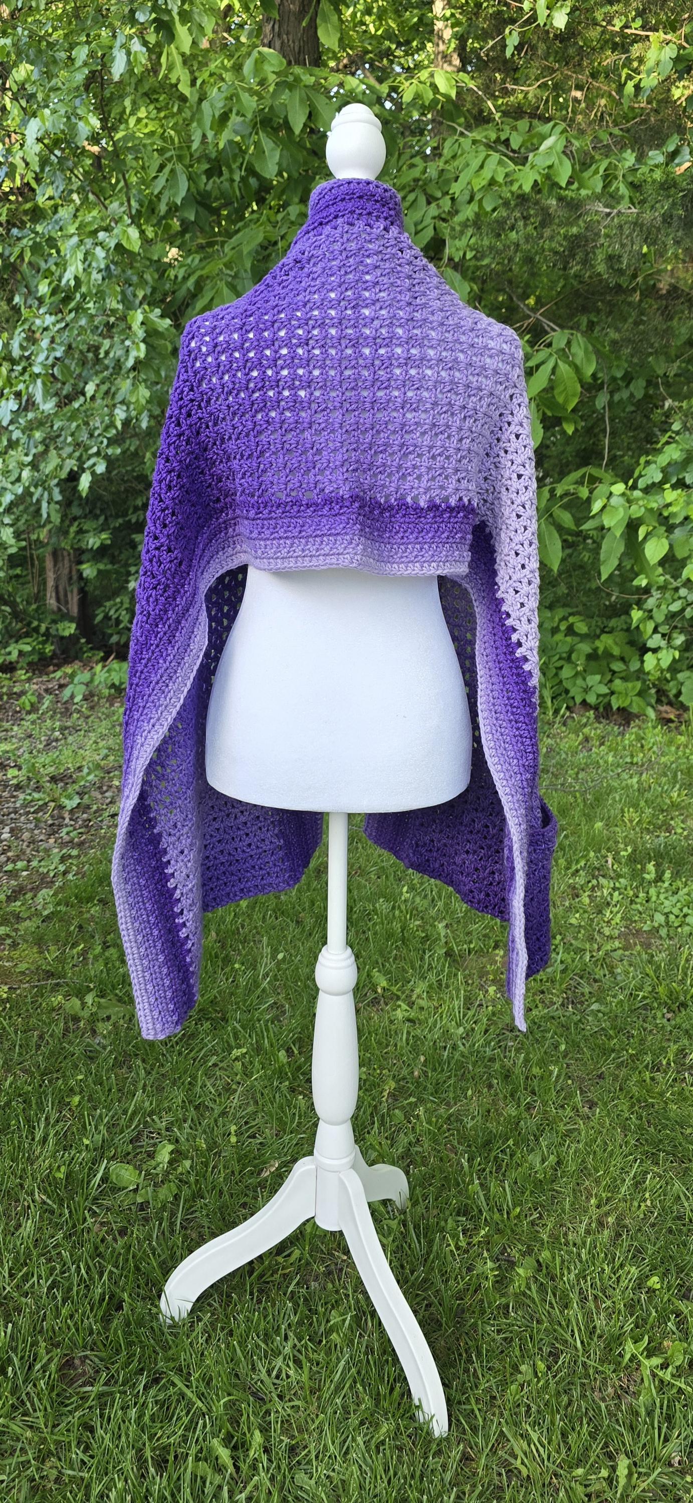 Crochet Pocket Shawl: Purple Ombre Boho Wrap with Coconut Buttons