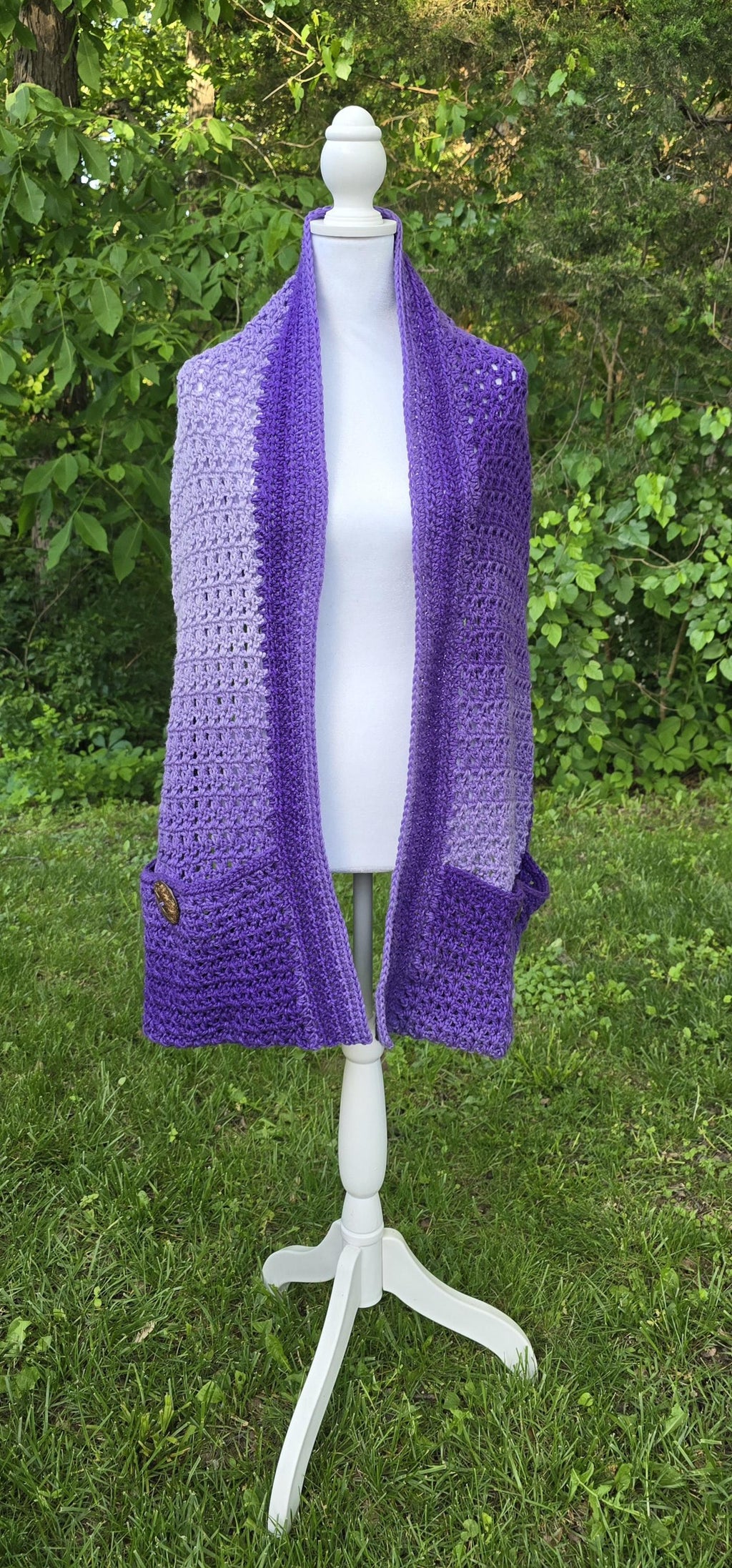 Crochet Pocket Shawl: Purple Ombre Boho Wrap with Coconut Buttons