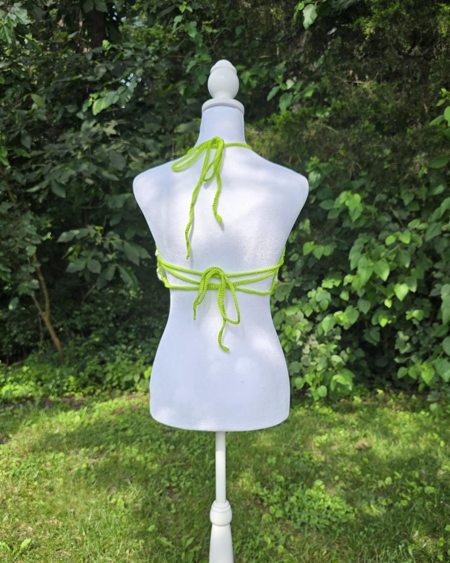 Crochet Cannabis Leaf Halter Top – White & Neon Green Festival Outfit