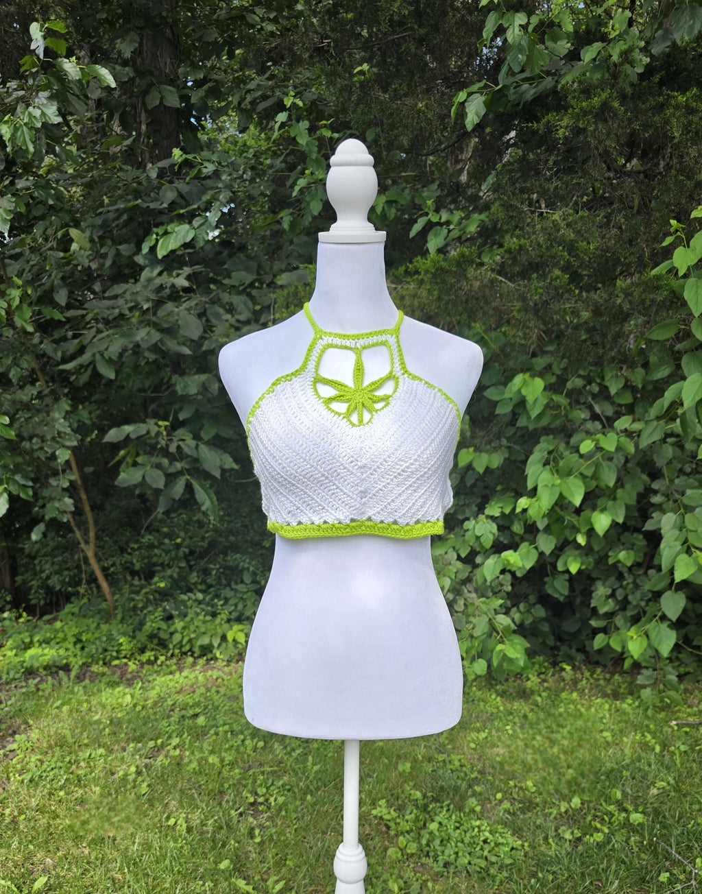 Crochet Cannabis Leaf Halter Top – White & Neon Green Festival Outfit
