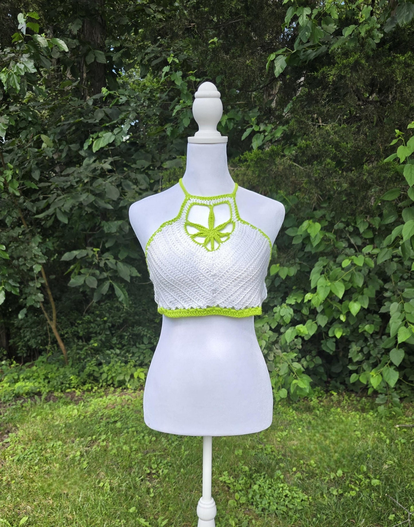 Crochet Cannabis Leaf Halter Top – White & Neon Green Festival Outfit