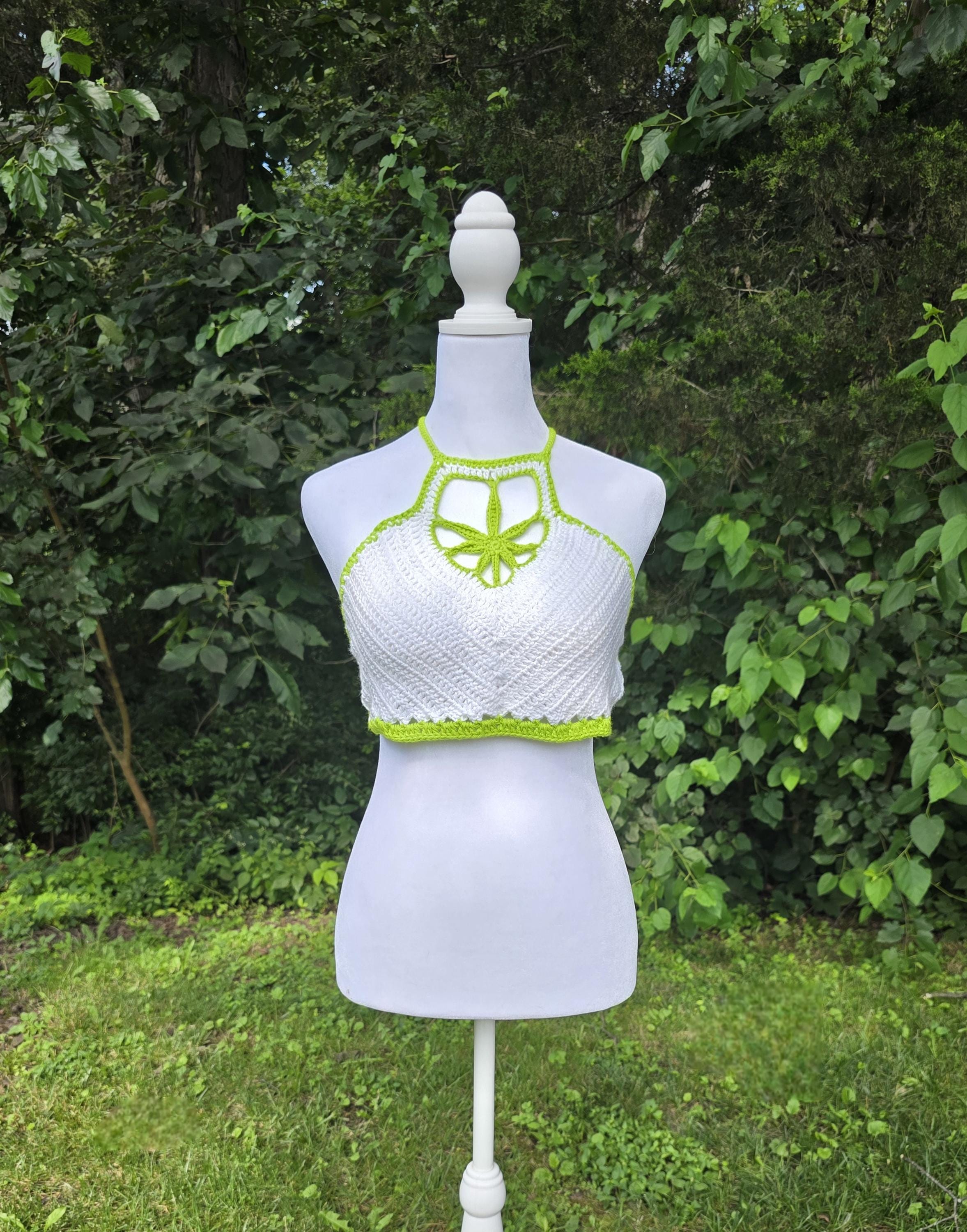 Crochet Cannabis Leaf Halter Top – White & Neon Green Festival Outfit