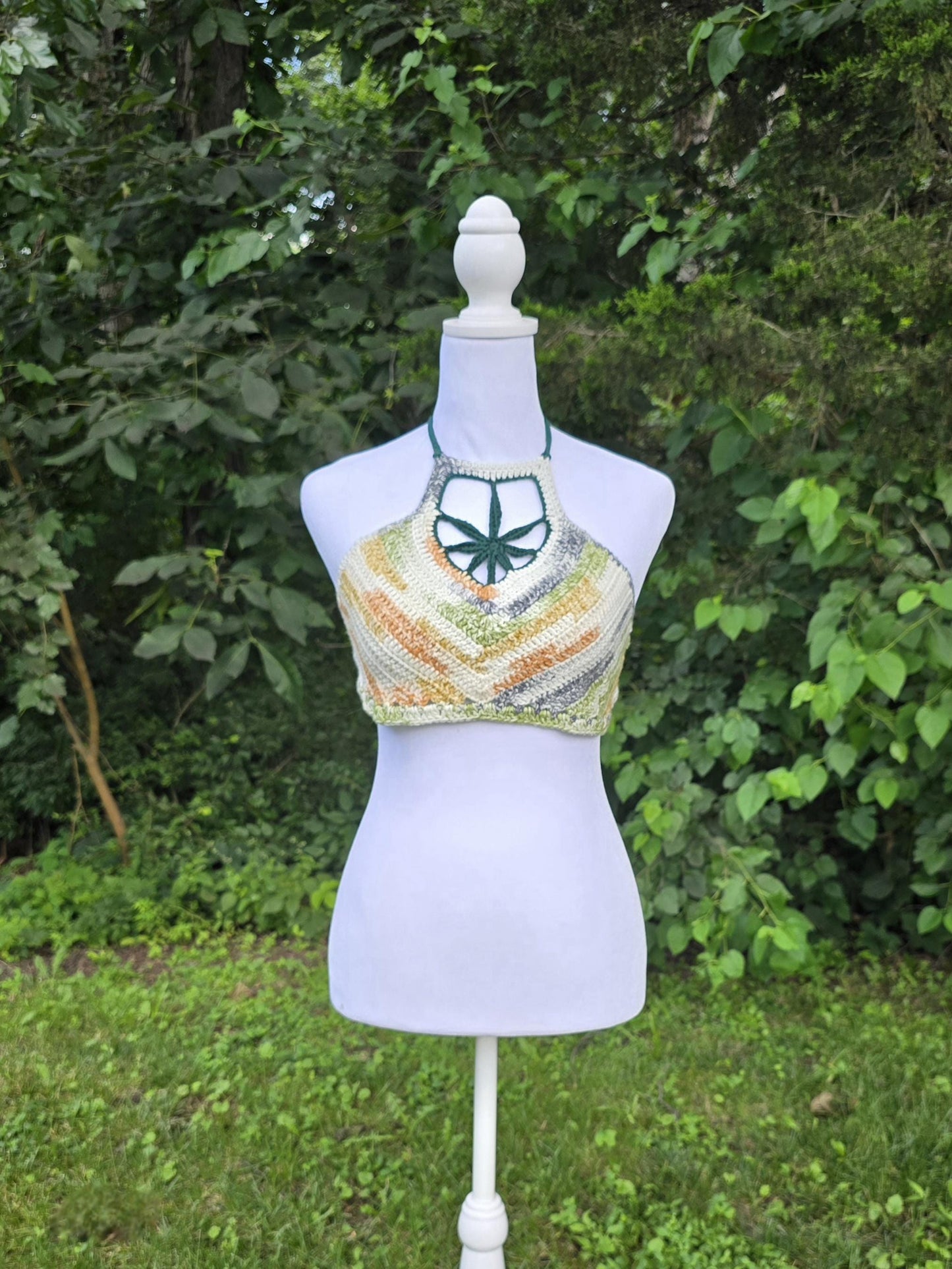 Crochet Cannabis Leaf Halter Top – Handmade Earth Tone Boho Festival Clothing