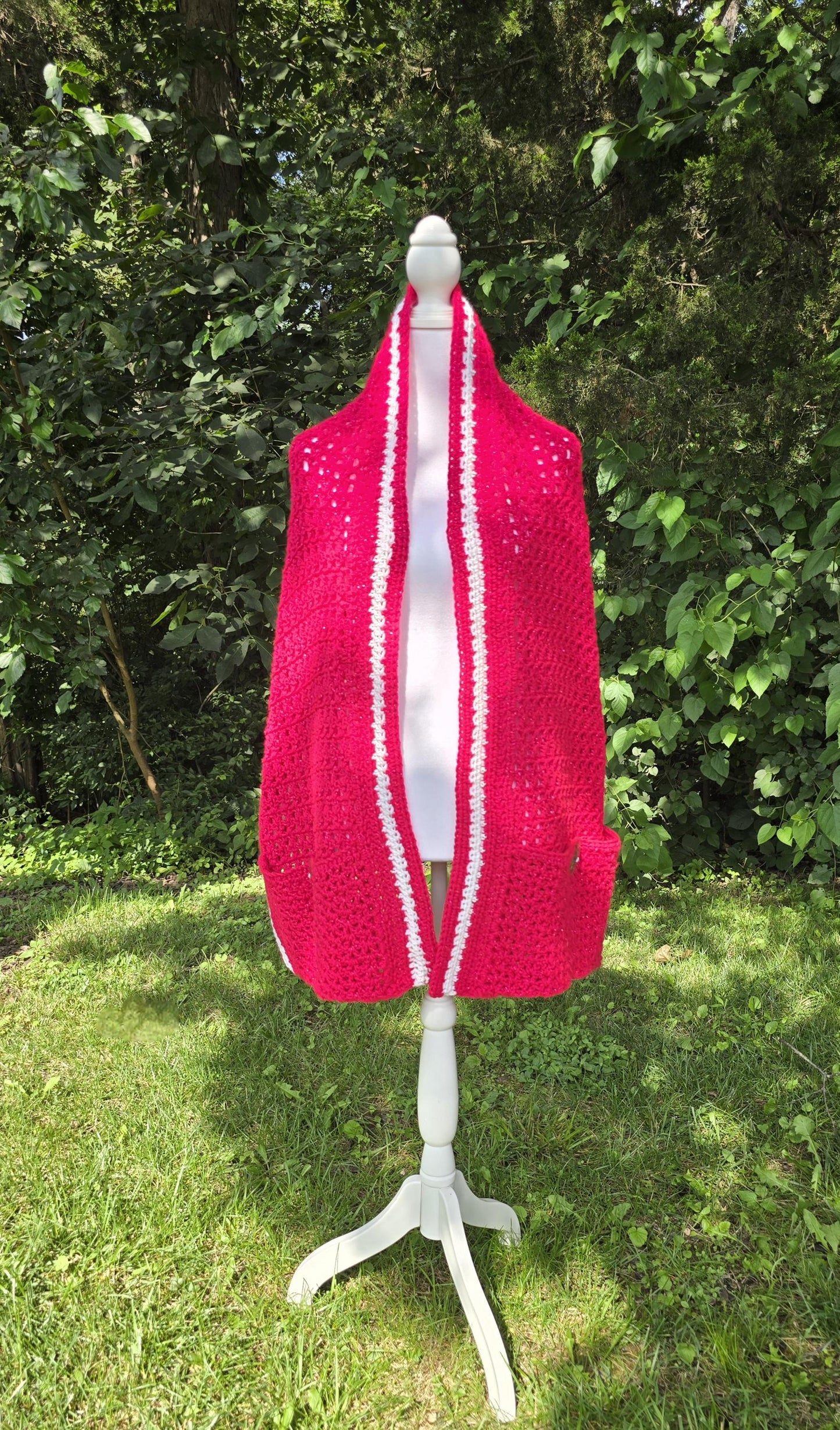 Handmade Crochet Pocket Shawl – Pink & White Boho Wrap