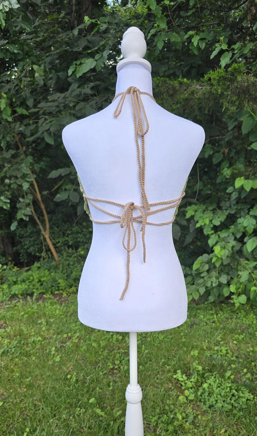 Crochet Cannabis Leaf Halter Top – Handmade Tan & Green Boho Festival Top