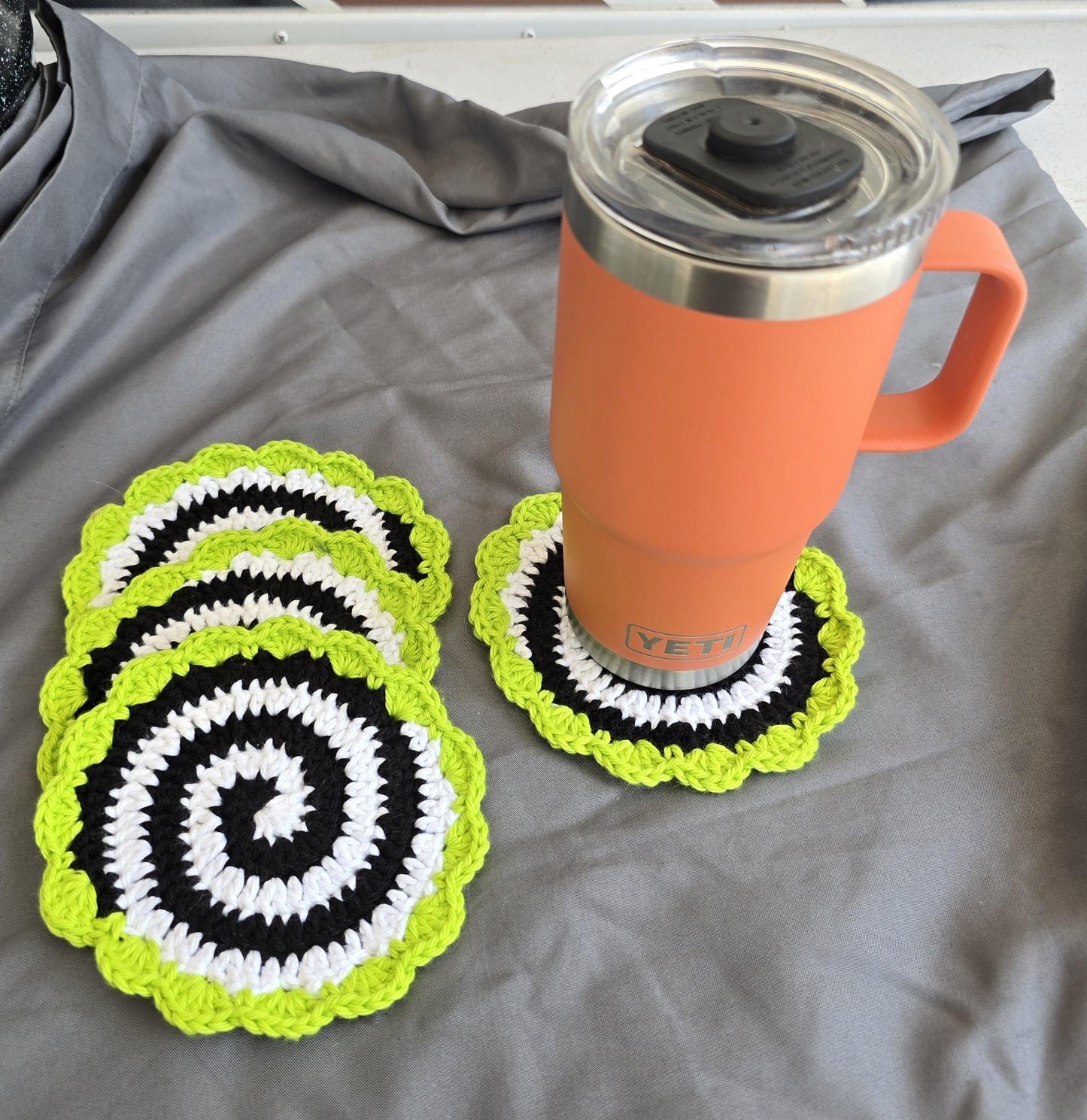 Beetlejuice Crochet Coasters: Black, White & Green Swirl Drink Mats - Set of 4