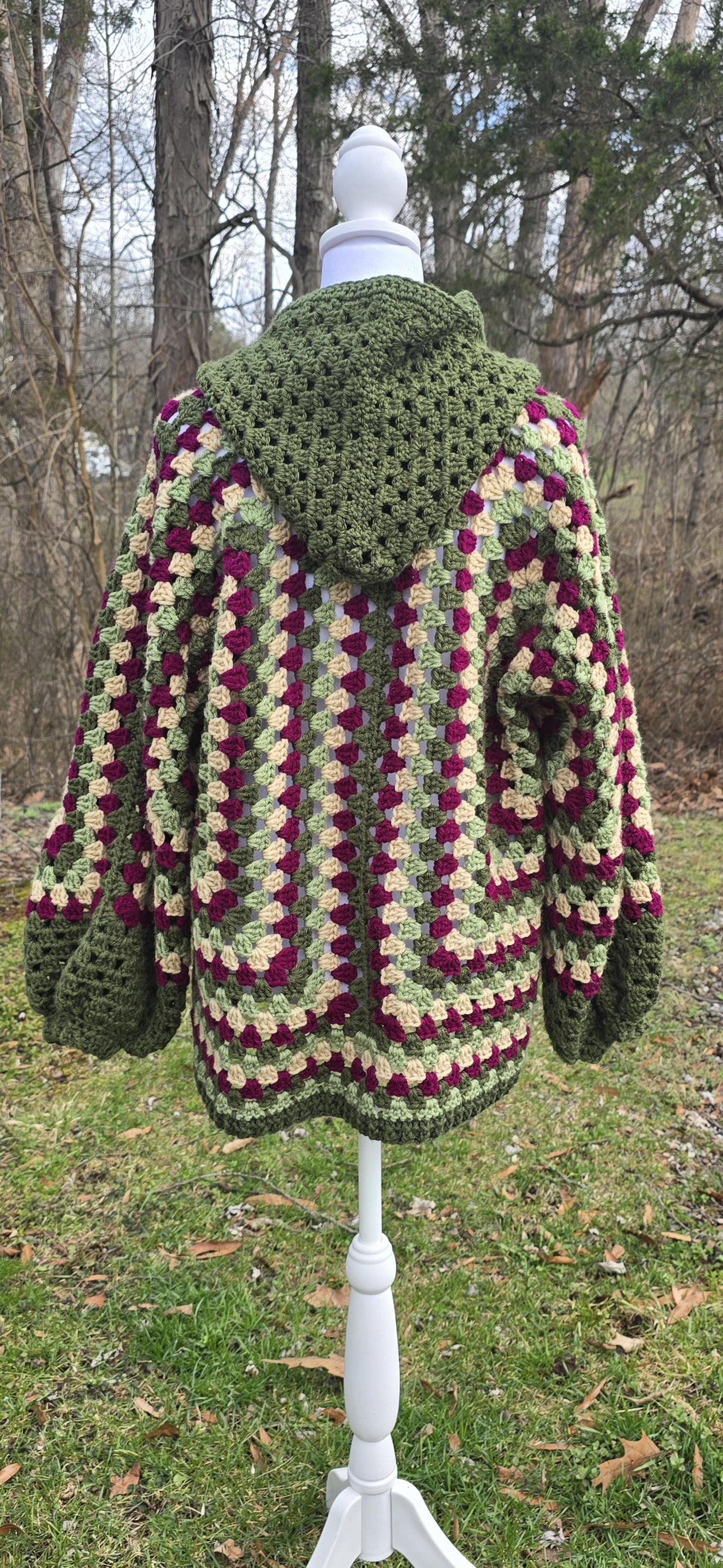 Crochet Hooded Cardigan | Forest Green Granny Stitch Sweater | Oversized Boho Hoodie | Cottagecore Handmade Cardigan
