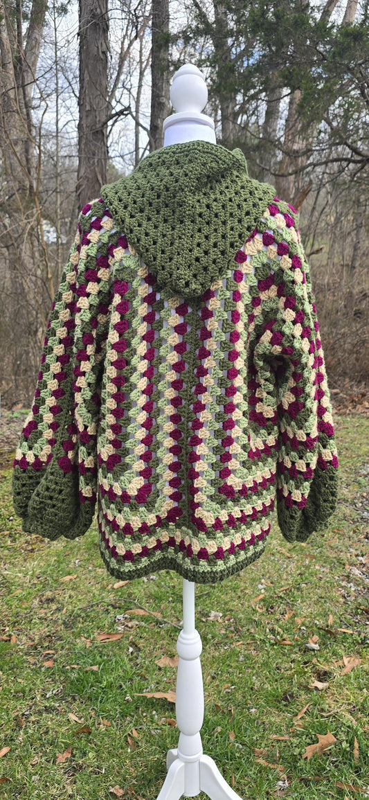 Crochet Hooded Cardigan | Forest Green Granny Stitch Sweater | Oversized Boho Hoodie | Cottagecore Handmade Cardigan