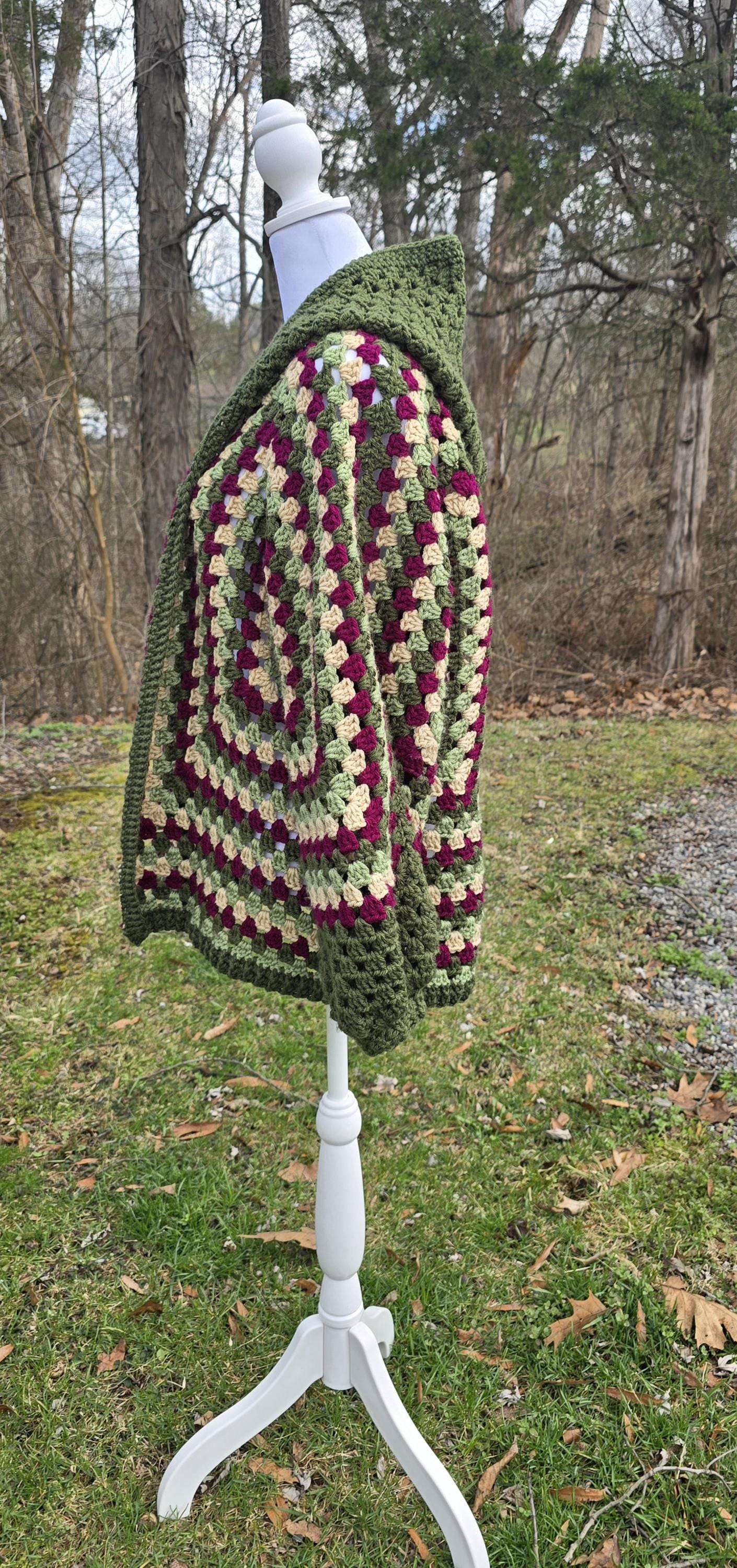 Crochet Hooded Cardigan | Forest Green Granny Stitch Sweater | Oversized Boho Hoodie | Cottagecore Handmade Cardigan