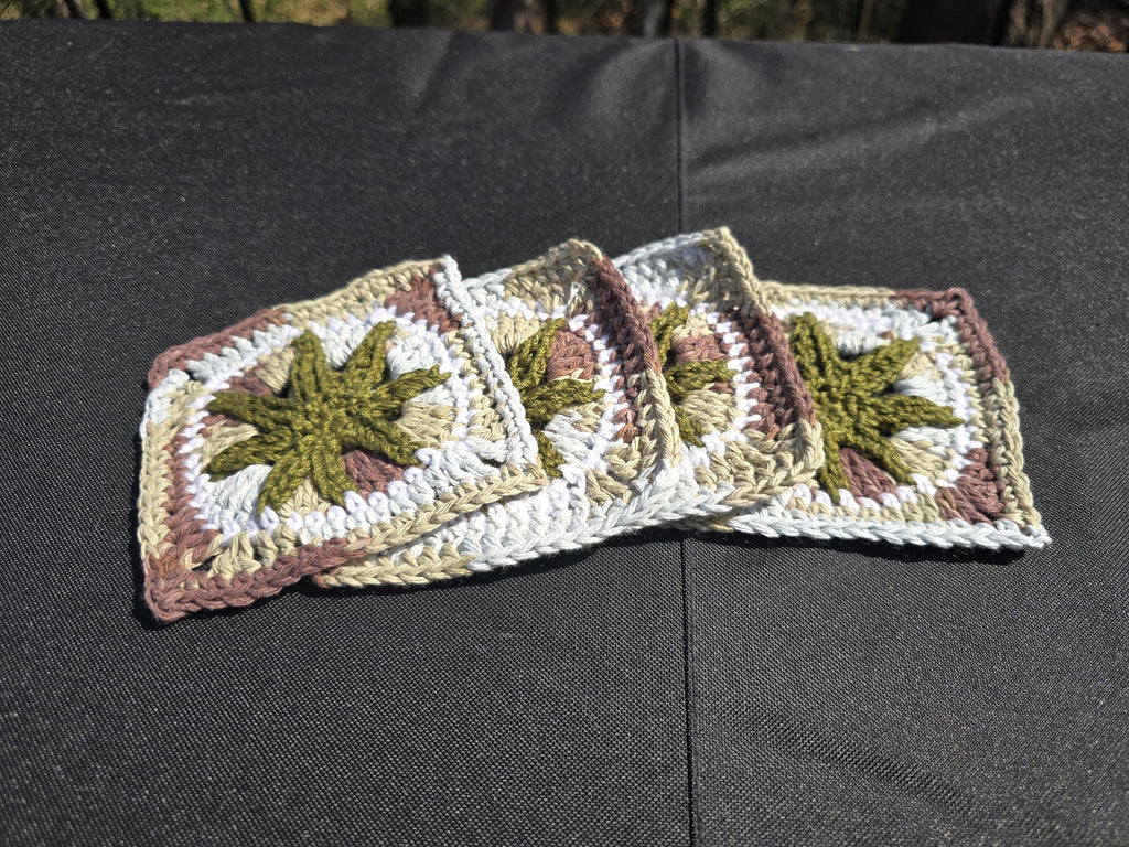 Cannabis Leaf Crochet Coaster Set (4)  | Handmade Weed Coasters | Stoner Home Decor | 420 Gift | Boho Drink Coasters