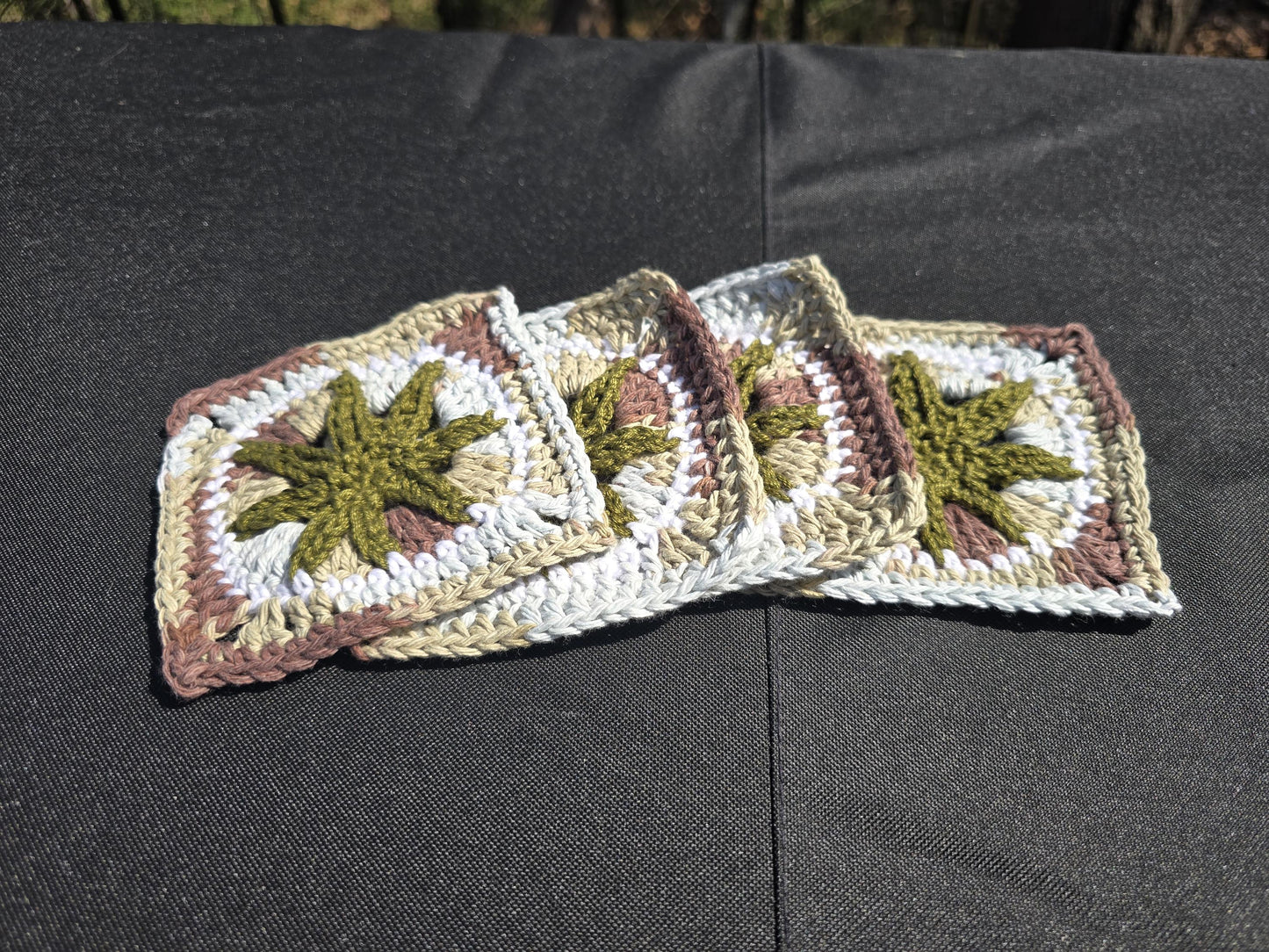 Cannabis Leaf Crochet Coaster Set (4)  | Handmade Weed Coasters | Stoner Home Decor | 420 Gift | Boho Drink Coasters