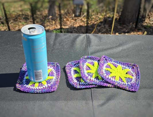Purple Cannabis Leaf Crochet Coaster Set (4)