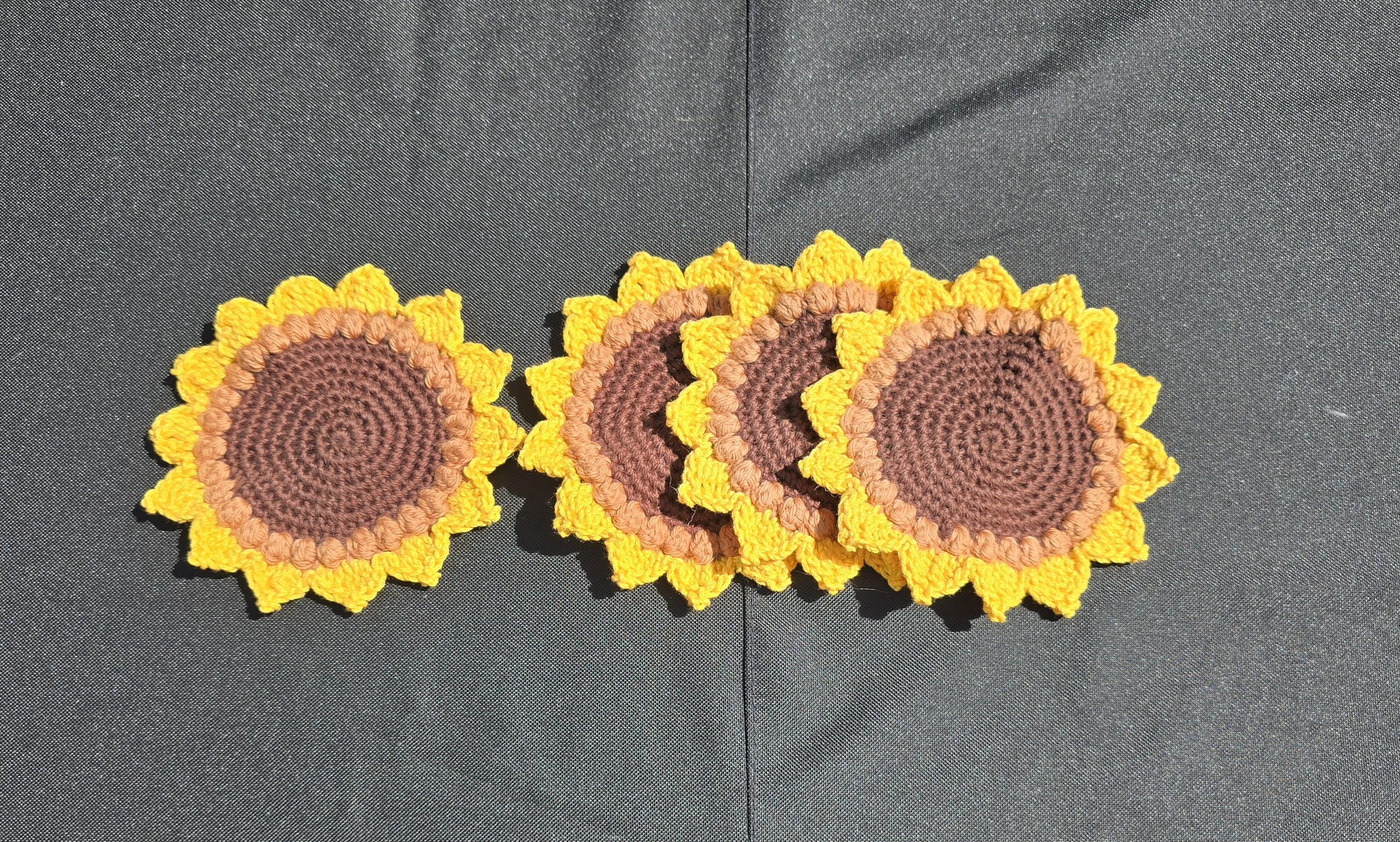 Sunflower Crochet Coaster Set (4) | Handmade Boho Coasters | Cottagecore Decor | Farmhouse Drink Coasters | Housewarming Gift