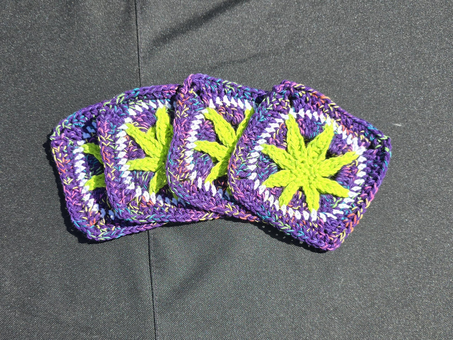 Purple Cannabis Leaf Crochet Coaster Set (4) | Handmade Weed Coasters | Trippy 420 Decor | Stoner Gift | Boho Drink Coasters