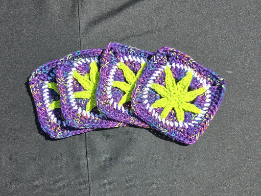 Purple Cannabis Leaf Crochet Coaster Set (4)