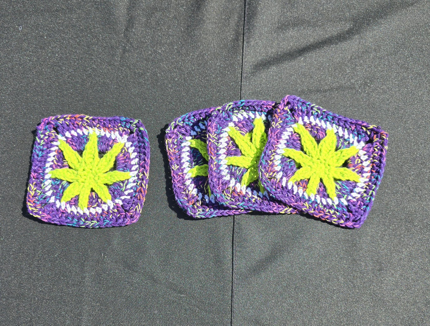 Purple Cannabis Leaf Crochet Coaster Set (4) | Handmade Weed Coasters | Trippy 420 Decor | Stoner Gift | Boho Drink Coasters