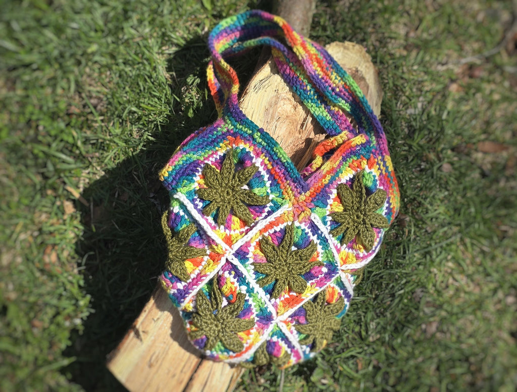 Rainbow Kush Bag Cannabis Leaf Crochet Bag Rainbow Granny Square Purse Handmade Boho Shoulder Bag Lined Festival Tote Gift for Her