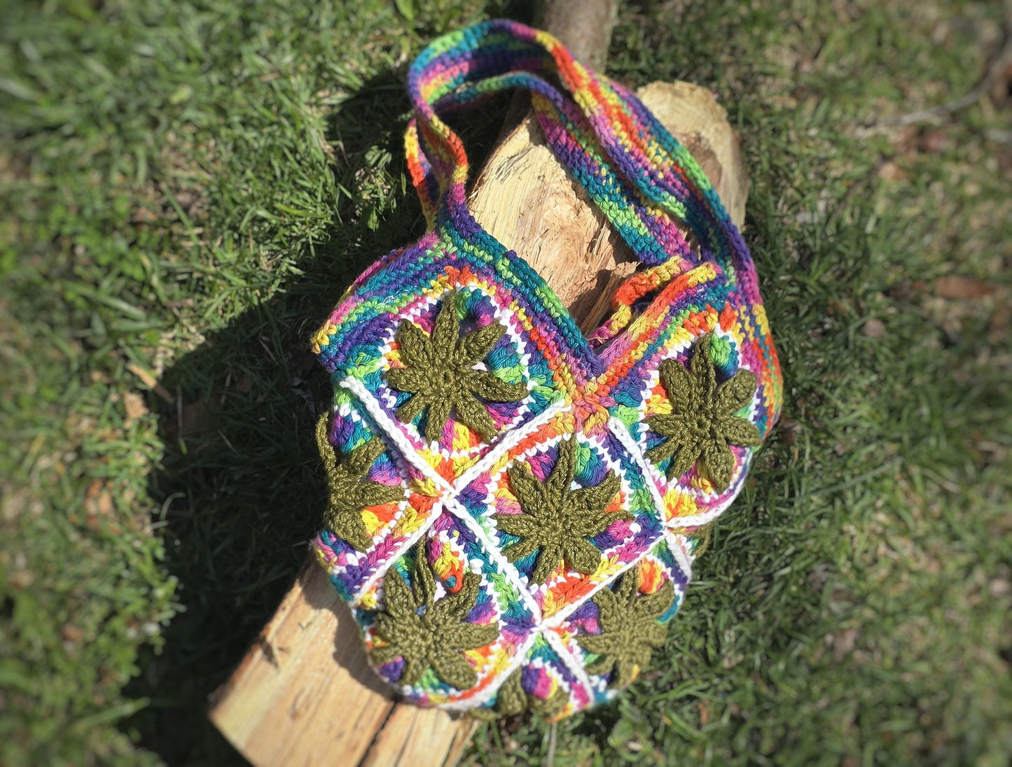 Rainbow Kush Bag Cannabis Leaf Crochet Bag Rainbow Granny Square Purse Handmade Boho Shoulder Bag Lined Festival Tote Gift for Her