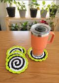 Beetlejuice Crochet Coasters: Black, White & Green Swirl Drink Mats - Set of 4