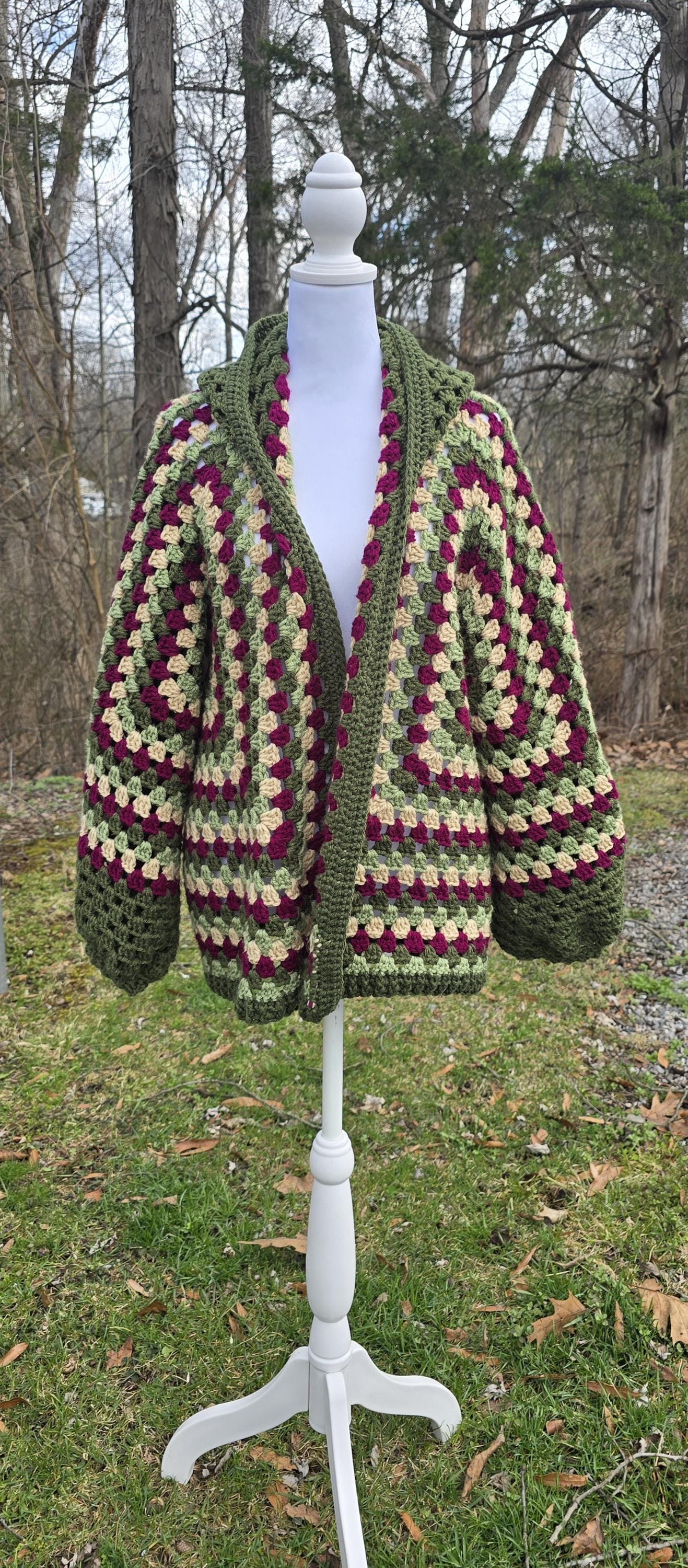 Crochet Hooded Cardigan | Forest Green Granny Stitch Sweater | Oversized Boho Hoodie | Cottagecore Handmade Cardigan