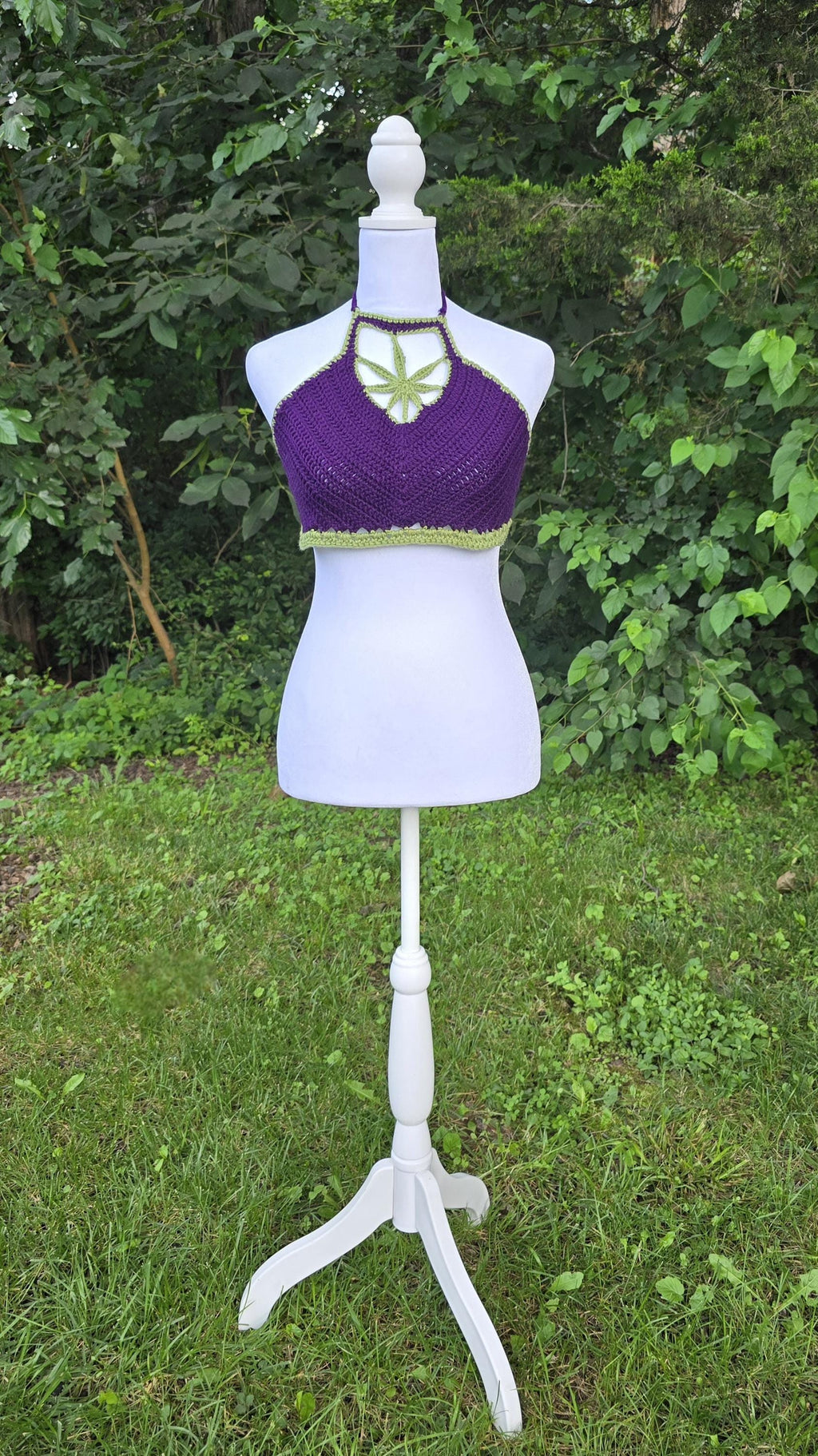 Crochet Cannabis Leaf Halter Top – Handmade Purple & Green Festival Clothing
