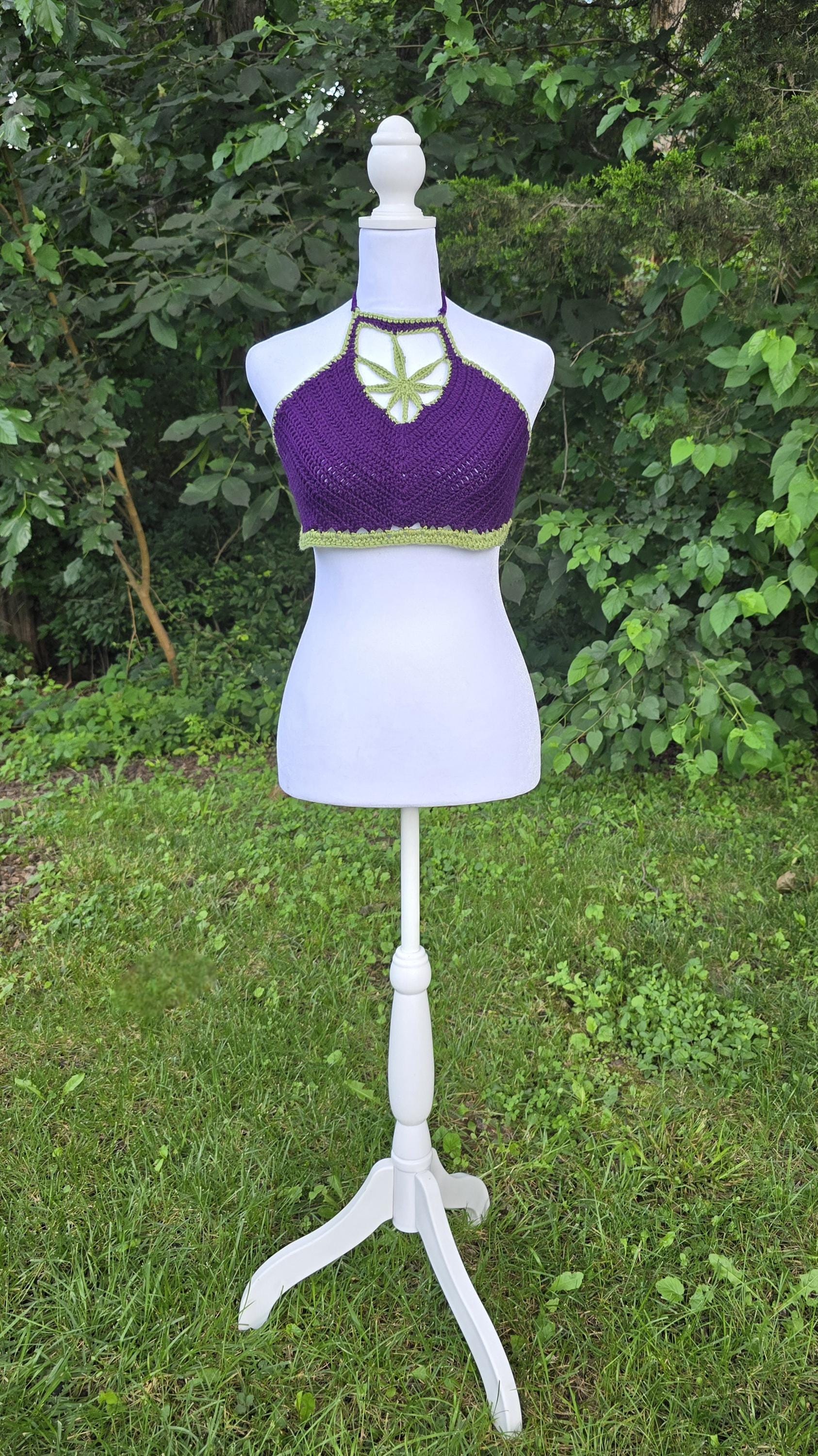 Crochet Cannabis Leaf Halter Top – Handmade Purple & Green Festival Clothing