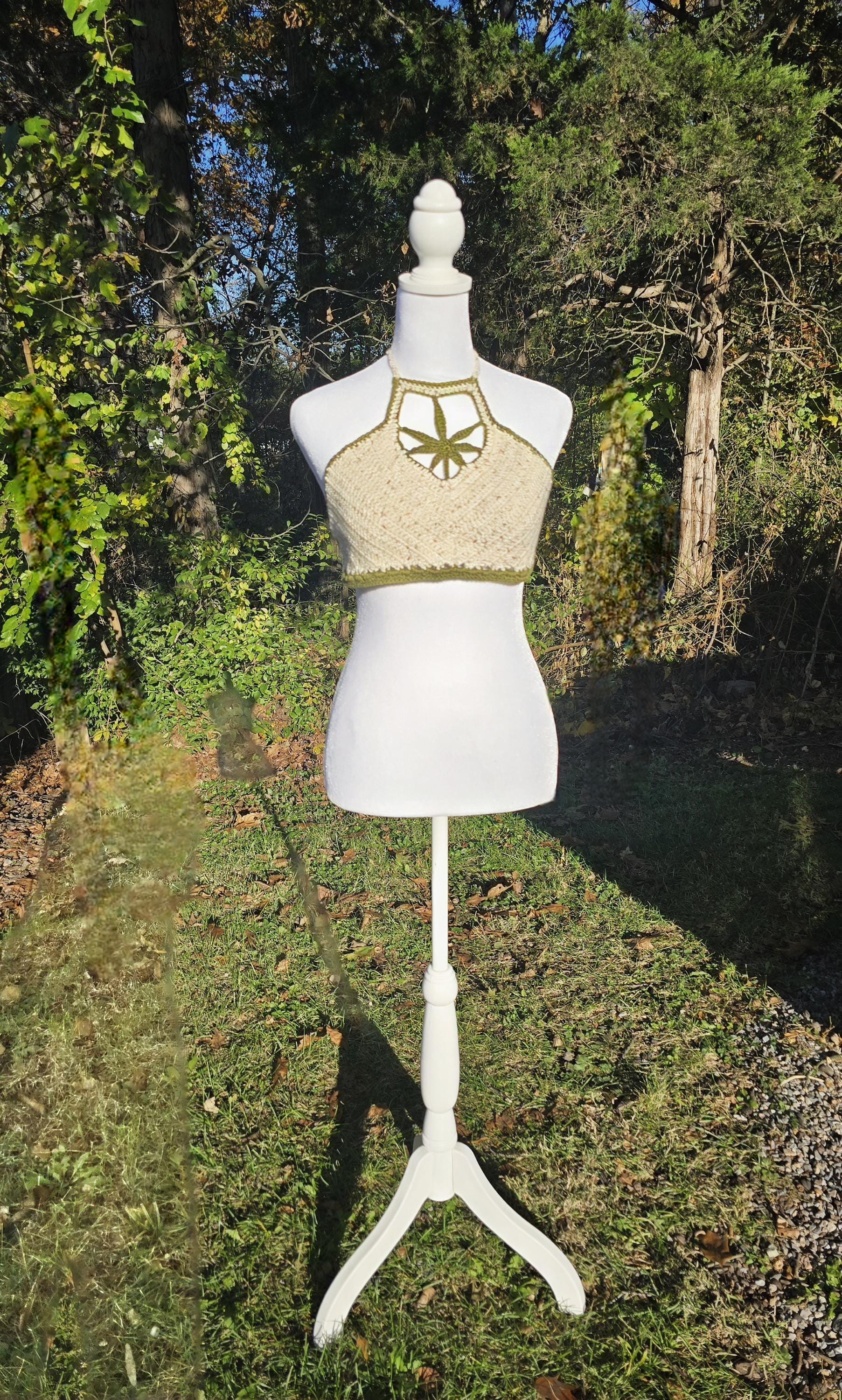 Baked in Beige Crochet Halter Top  Handmade Cannabis Leaf Crop Top Neutral Boho Festival Top  Hippie Stoner Babe Style