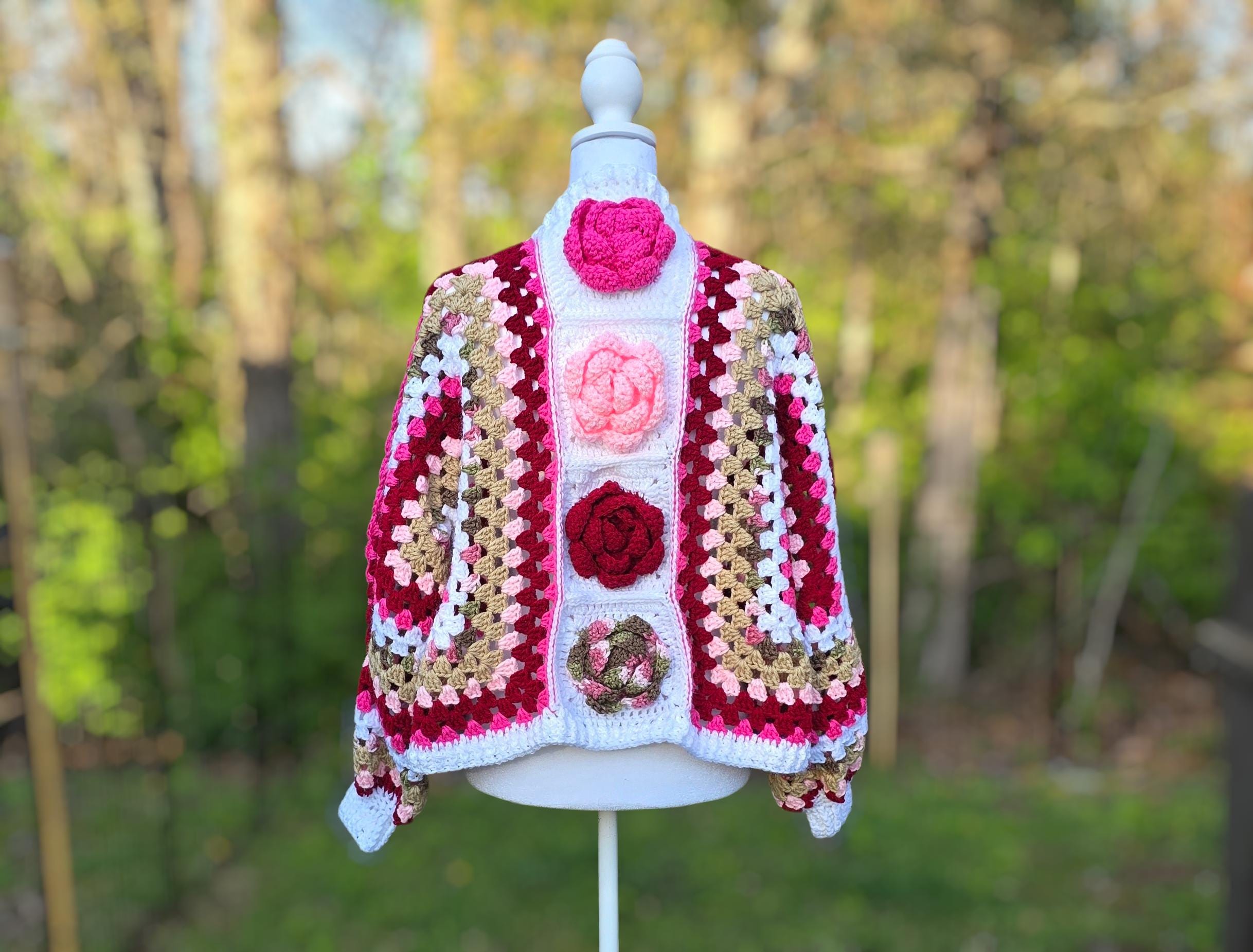 Blushing Bloom Crochet Cardigan | Handmade Granny Square Sweater | Floral Rose Cardigan | Cozy Valentine Aesthetic | Cottagecore
