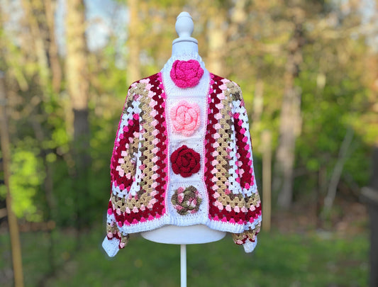 Blushing Bloom Crochet Cardigan | Handmade Granny Square Sweater | Floral Rose Cardigan | Cozy Valentine Aesthetic | Cottagecore