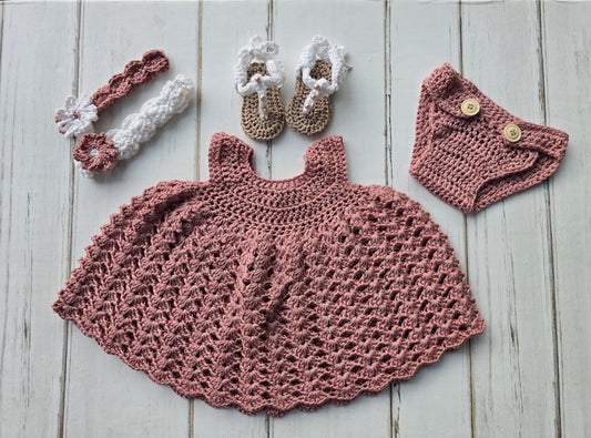 Handmade Crochet Baby Outfit Set | Newborn–3 Month Dress & Bloomers Set | Baby Photo Prop Outfit | Cottagecore Infant Clothing | Baby Shower