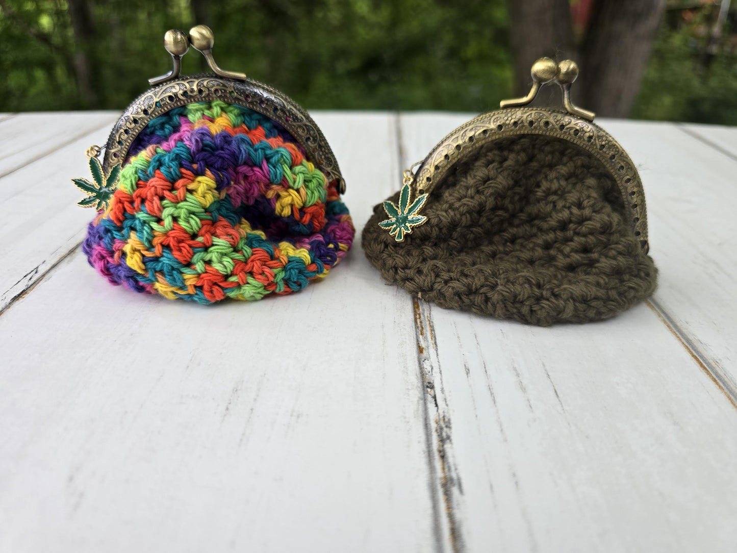Enchanted Botanicals Collection | Cannabis Coin Bags – Herbal Hideaway & Prism Puff | Crochet Weed Leaf Coin Purse | 420 Gift